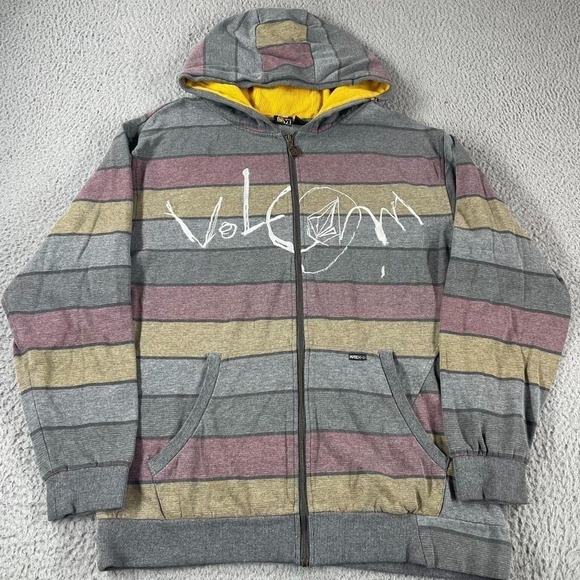 Volcom Other - Vintage Y2K Volcom Striped Spellout Zip Up Hoodie Large Thermal Hood Sweatshirt